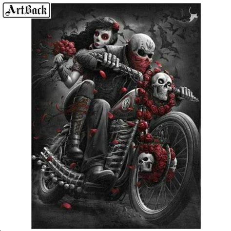 5d Diamond Painting Red Rose Skull Motorcycle Riders Kit In 2020