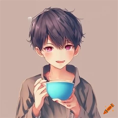 Cute Anime Boy Drinking Tea