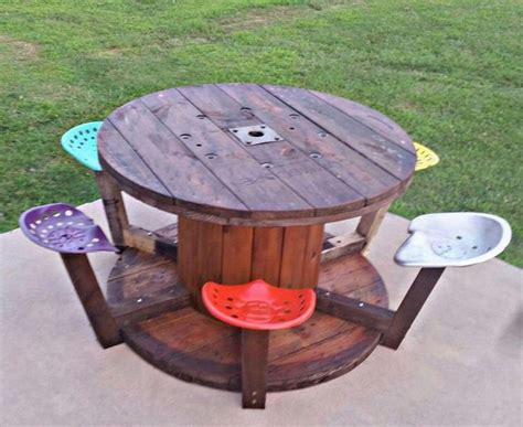They're terrific for the foyer, hall, or as a desk. DIY spool w/tractor seats now a table | Wood spool, Wooden ...