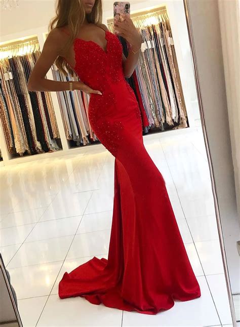 Sexy Mermaid V Neck Red Long Promevening Dress With Appliques