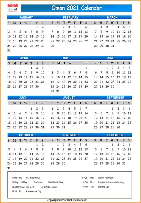 Oman Calendar 2021 With Oman Public Holidays