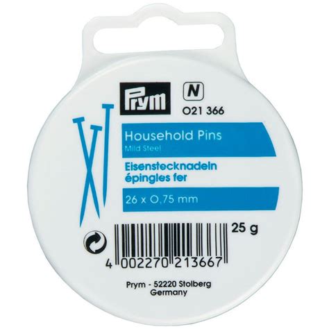 Prym Straight Household Pins Mild Steel Silver Colour 075 X 26mm 25g