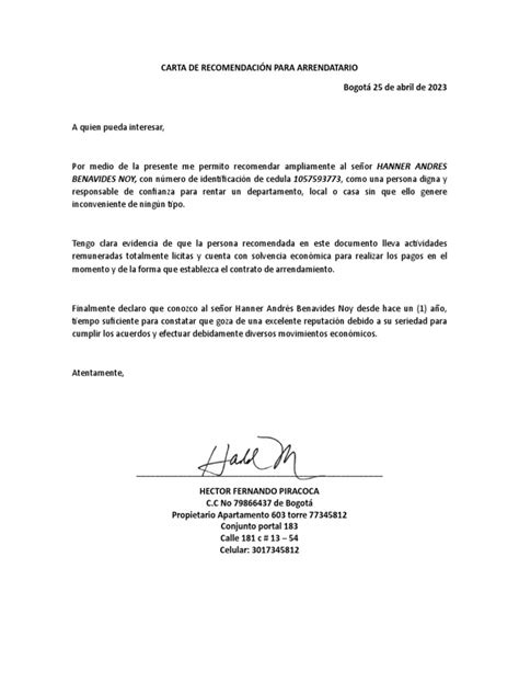 Carta De Recomendación Para Arrendatario Hector Piracoca Pdf
