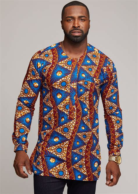 Jafari Mens African Print Long Sleeve Traditional Shirt Blue Pyramid