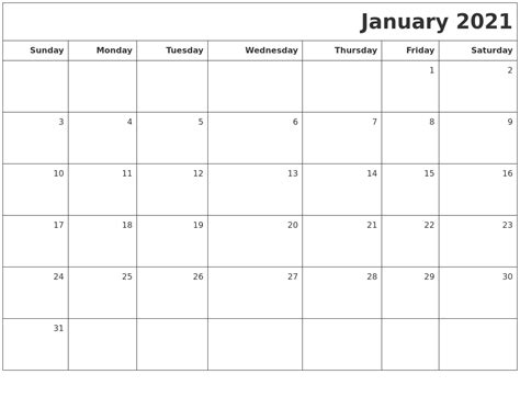 January 2021 Printable Blank Calendar