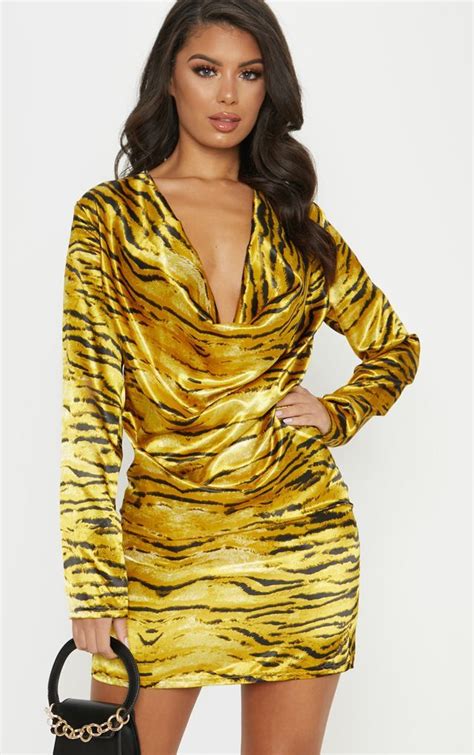 Gold Tiger Print Cowl Bodycon Dress Bodycon Dress Dresses Women