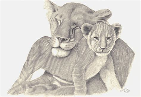 Lioness And Cub Sketch Art Work Signed Outlet