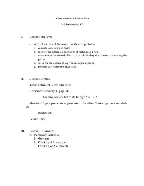 A Demonstration Lesson Plan In Mathematics Vi I Learning Objectives