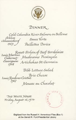 Dinner Menu For State Dinner In Honor Of His Majesty King Hussein