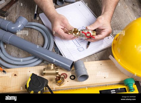 plumbing do-it-yourself with different tools and accessories Stock