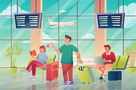 Luchthaven Interieur Met Passagiers Concept In Platte Cartoon Design