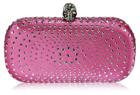 Wholesale Pink Satin Clutch Bag With Crystal Encrusted Skull Clasp