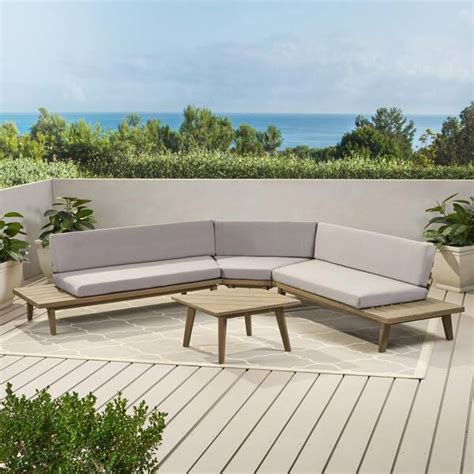 Noble House 4 Piece Wood Patio Sectional Seating Set With Gray Cushions