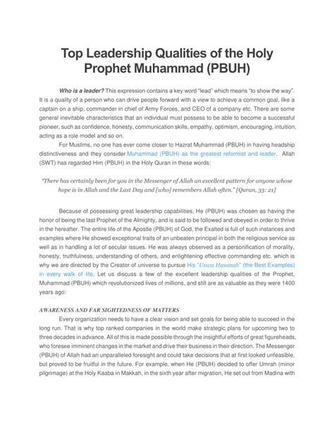 Pdf Top Leadership Qualities Of The Holy Prophet Muhammad Pbuh