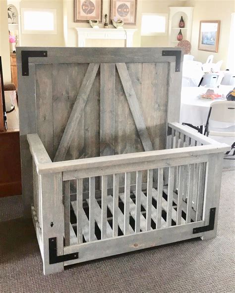 Farmhouse Style Baby Crib Nice Gray Finish With Black Accent Pieces