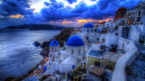 Download Hdr Cloud Sunset Sky Blue White House Greece Man Made