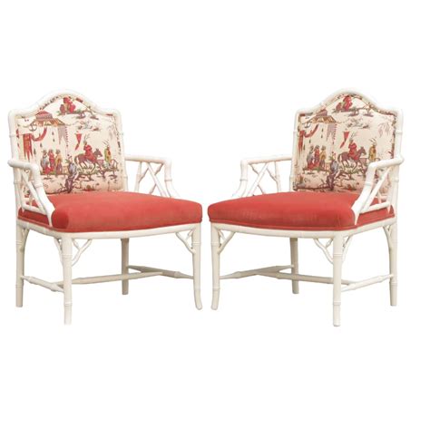 Faux Bamboo Chinoiserie Chairs In Coral And White Pair Chairish