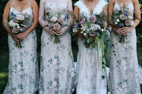 Patterned Bridesmaid Dresses And Lace Bridal Gown Complement Our Copper And Mauve Bridesmaids An