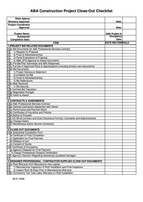 Aba Construction Project Close Out Checklist Printable Pdf Download