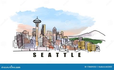 Seattle Skyline Hand Drawn Colored With Modern Buildings Isolated On