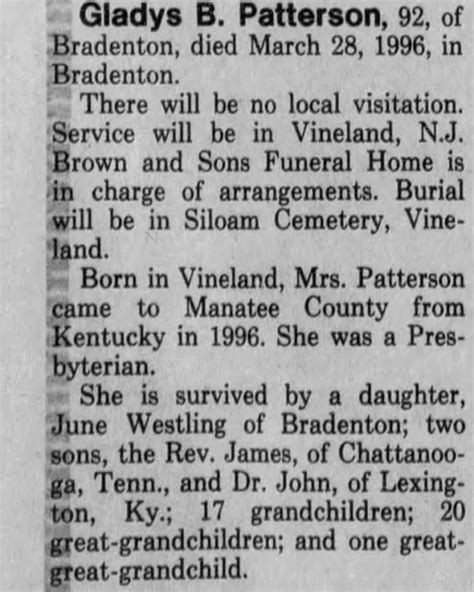 Obituary For Gladys B Patterson Aged 92