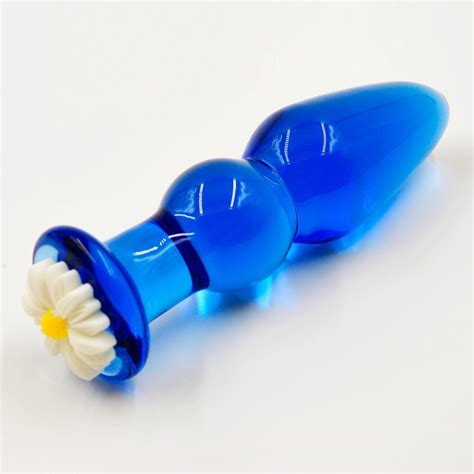 crystal pyrex glass anal plug with bead flower ornament blue butt plug for men women gay sex toy