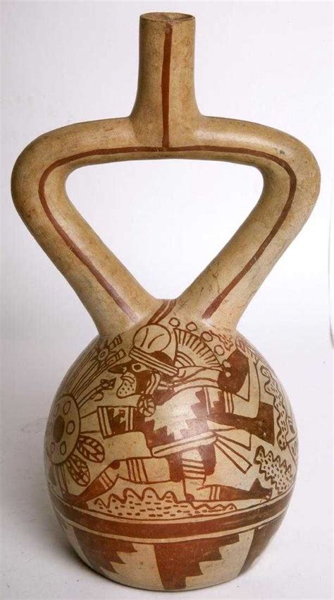 Ancient Fine Moche Pottery Fine Line Stirrup Vessel Pha