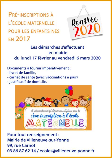Pré Inscriptions école Maternelle Villeneuve Sur Yonne