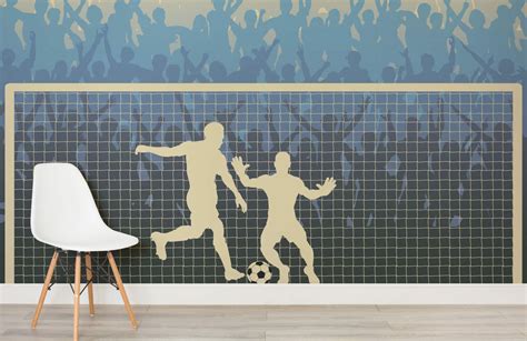 A Wall Mural Depicting Two Soccer Players In Front Of A Blue And White