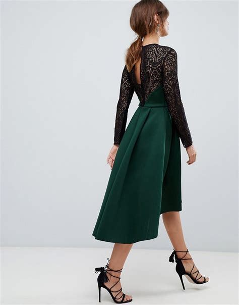 Asos Long Sleeve Lace Top Prom Midi Dress In Green Lyst