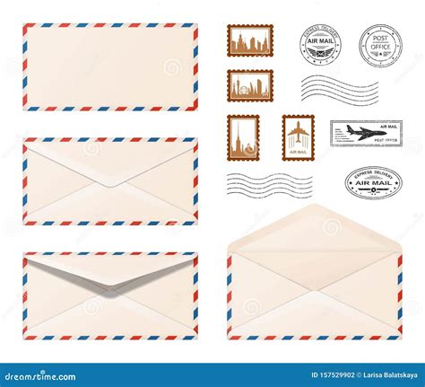 Air Mail Envelope Set Realistic Envelopes And Postage Stamps Stock