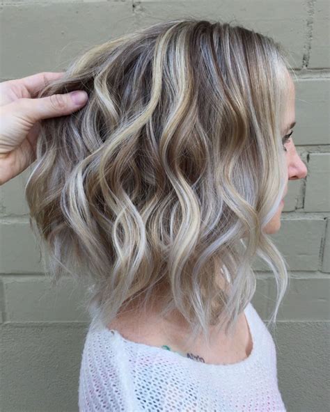 Wavy Brown Blonde Lob With White Highlights Grey Brown Hair White