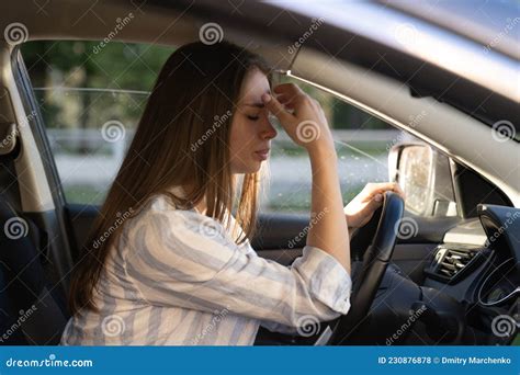 Sad Tired Young Woman Driving Car Unhappy Girl Driver Depressed And