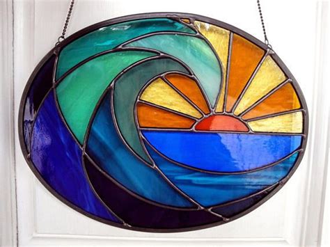 Stained Glass Suncatcher Ocean Wave At Dawn Oval Shaped Glass Art