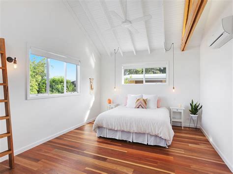 Cypress Tce master bedroom // exposed truss, raked ceiling ...