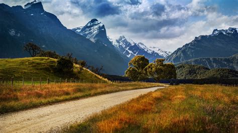 Landscape Of New Zealand Country Road Yellowed Grass Rocky Peaks Of