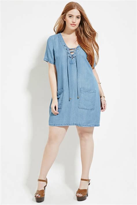 forever 21 plus size lace up denim dress you ve been added to the waitlist in blue lyst
