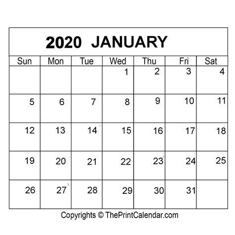 Free January Calendar 2020 Printable Template Blank In Pdf Word Excel 3