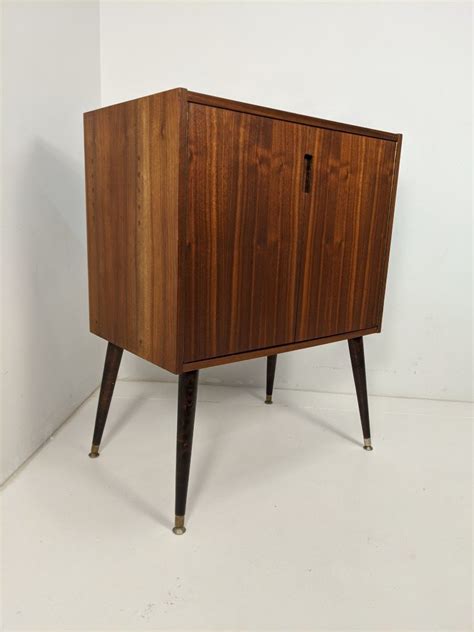 Mid Century Modern Walnut Record Storage Cabinet Splayed Tapered Legs