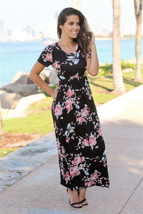 Black Floral Maxi Dress With Short Sleeves Black Floral Maxi Dress Floral Maxi Dress Floral