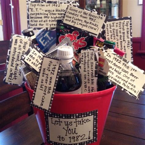 When choosing a birthday greeting for a brother, many people go the humorous route. 1982 themed basket for my friends 30th birthday present ...