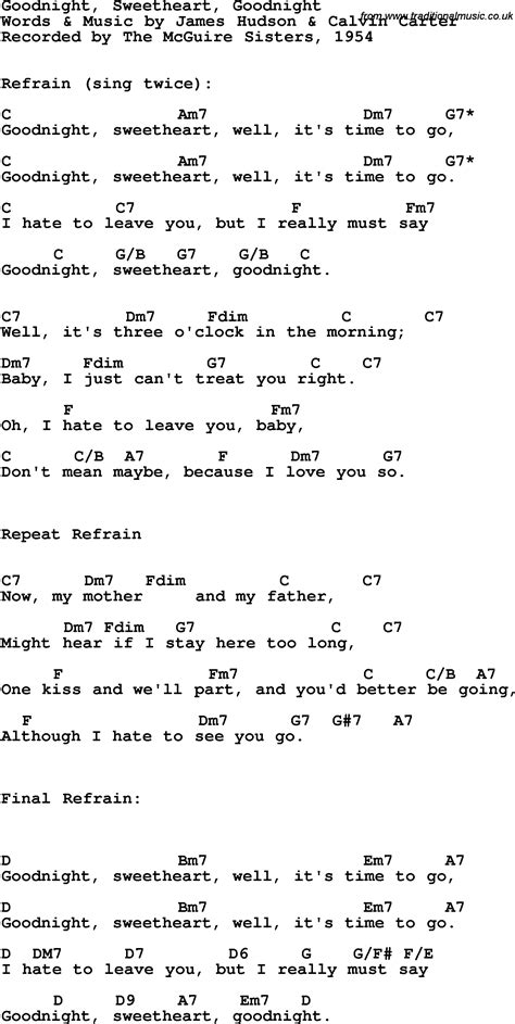 Song Lyrics With Guitar Chords For Goodnight Sweetheart Goodnight The Mcguire Sisters 1954