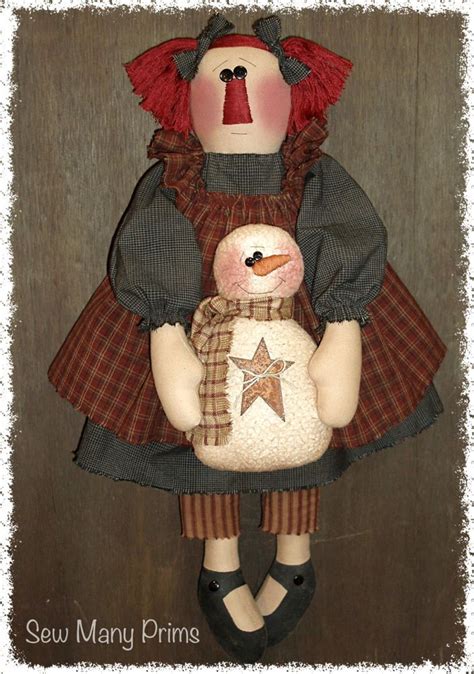 Handmade Primitive Rag Doll Holding Snowman Fabric Raggedy Winter