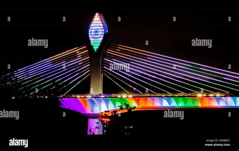 Cable Bridge In Hyderabad Decorated With Colorful Leds Showing Cloors