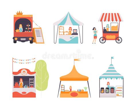 Outdoor Stalls Carts Tents For Summer Street Fair Or Street Market Festival Cartoon Vector