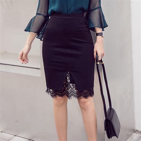 hanyiren black pencil skirt lace patchwork bodycon skirts womens rokken summer tight sexy mini