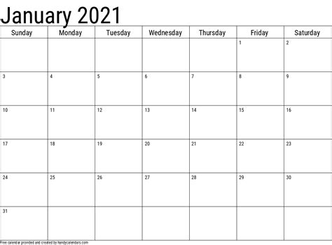 January 2021 Calendar Handy Calendars