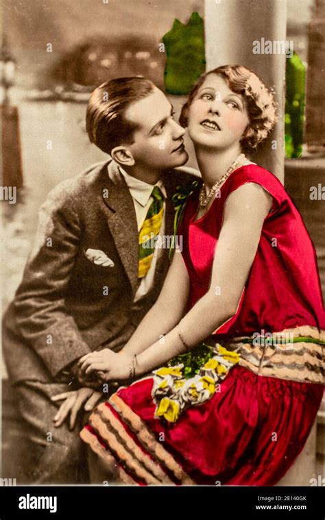 Pretty Girl Handsome Man Hugging Cute Couple Vintage Black And White Snapshot Old 1900s Photo Of