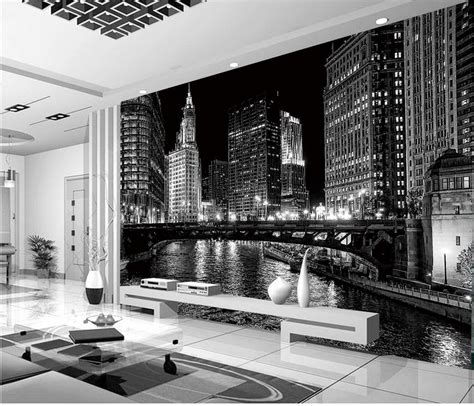 Home Decoration Window Mural Wallpaper Black And White City Night