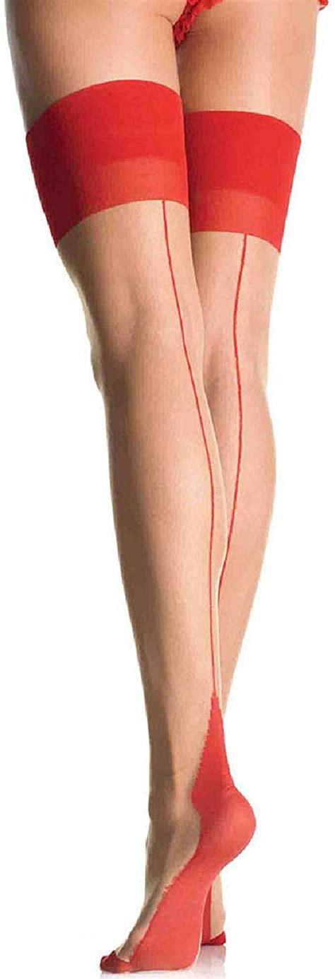 Leg Avenue Deluxe Sheer Nude Red Back Seam Retro Stockings 1027 Leg